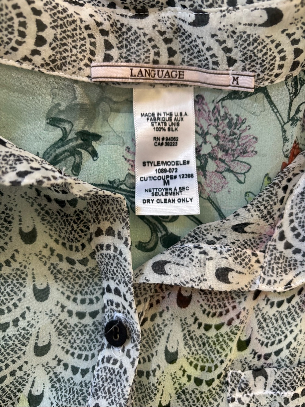 100% Silk Language white floral button front tank with tie size M semi sheer - Picture 3 of 5